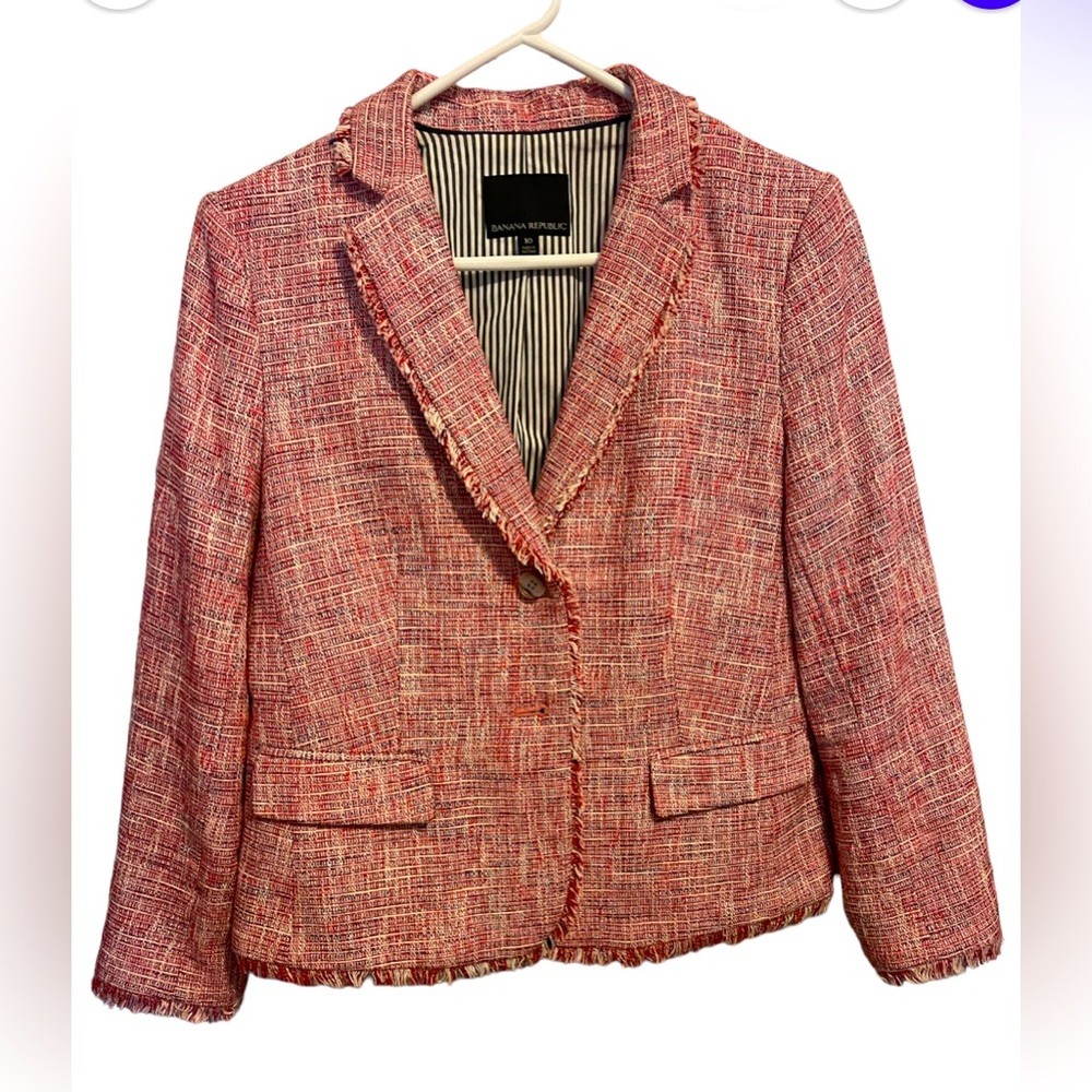 Banana Republic woven blazer with fringe accent in red black and white size10